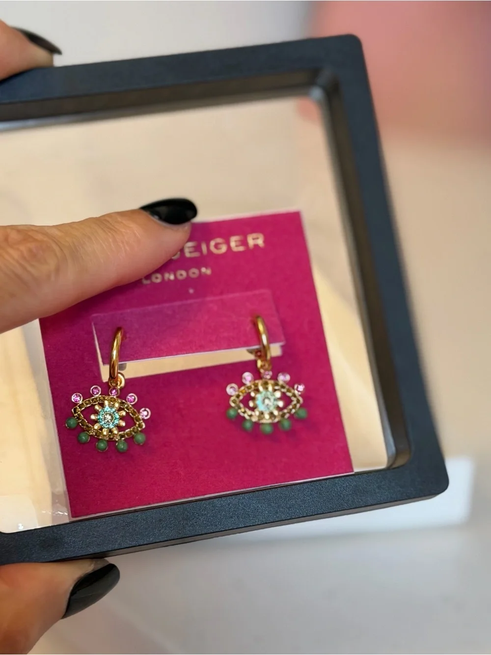 Kurt Geiger NWT evil eye 🧿 Gold-Tone Hoop Earrings with Pink and Green Charms